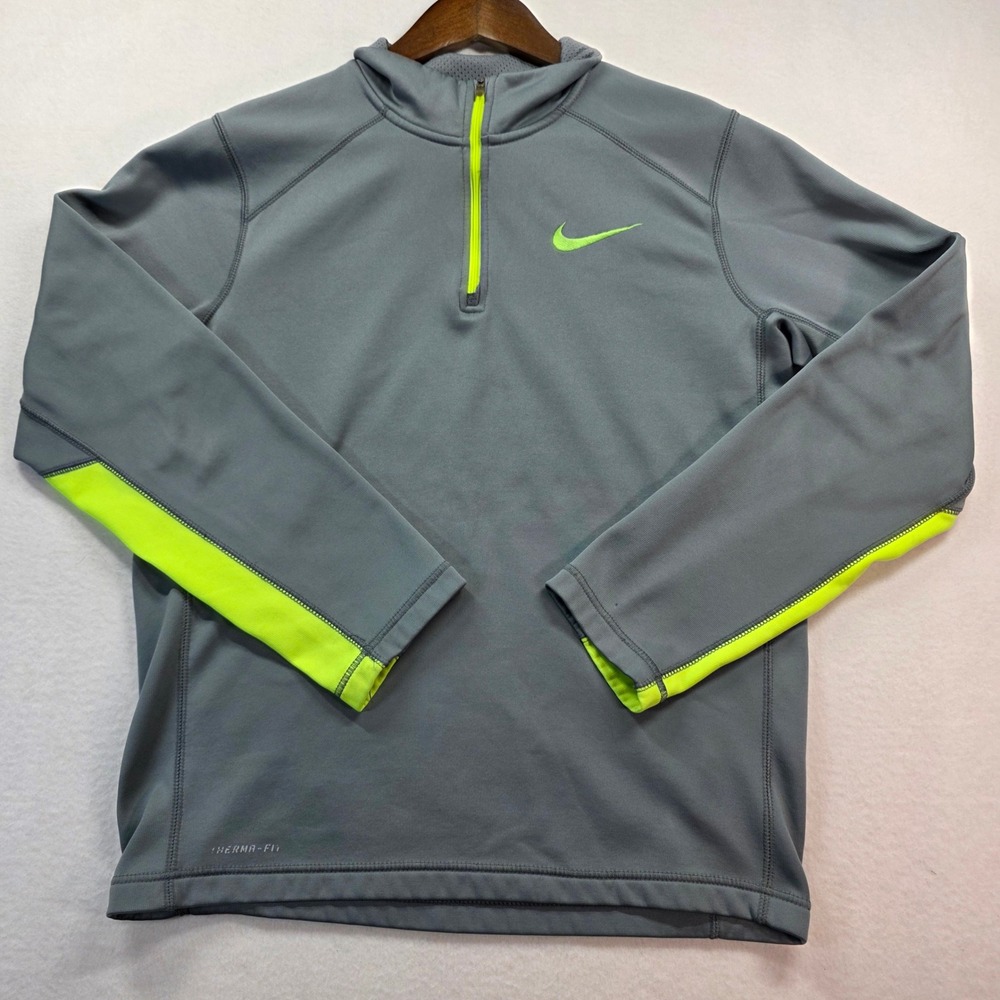 Nike Therma-FIT 1/4 Zip Pullover Mens S Gray Volt Green Swoosh 645383-065‎